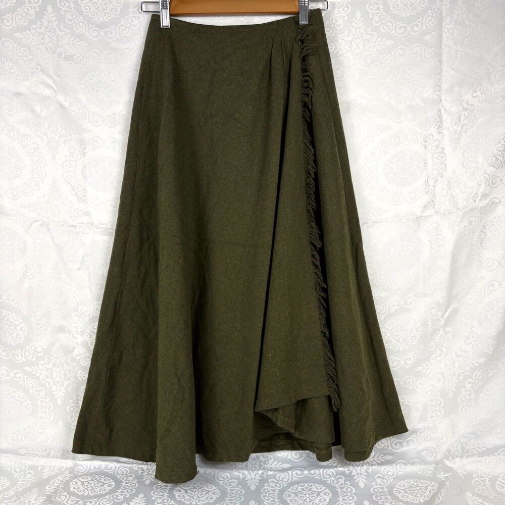 Lizwear Wool Maxi Skirt Green Fringe Dark Academia Vintage 90s Petite Size 2